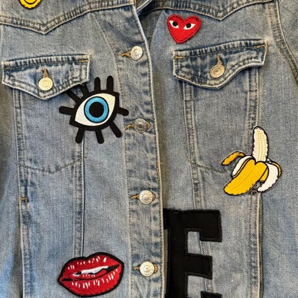 Women’s TopShop X Moto Denim Jean Jacket Assorted‎ Embroidered Patches-Size 6 - Picture 7 of 9